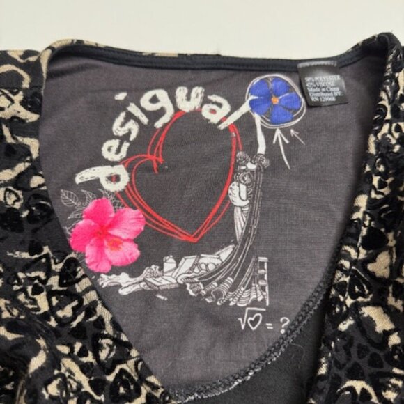 Desigual Black & Tan Heart Print Dress Cap Sleeves Pullover Short Size S - Picture 7 of 8